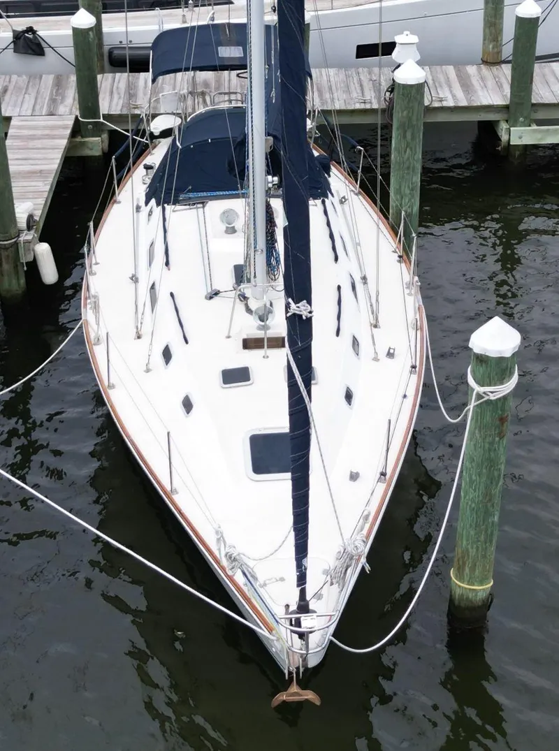 Slide: The Image of Pearson 39-2 sailboat docked, 1989 model, aerial view, marina setting. - 7