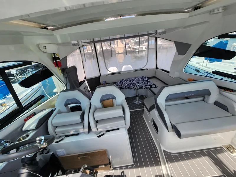 Slide: The Image of Interior of 2023 Beneteau GT32 yacht with modern seating and table. - 29