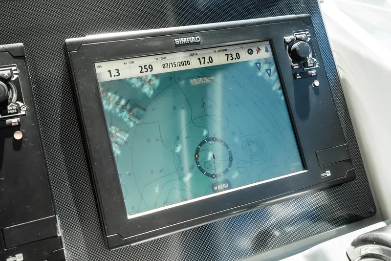 Slide: The Image of Simrad navigation display on 2001 Tiara Yachts 3800, showing nautical chart details. - 25