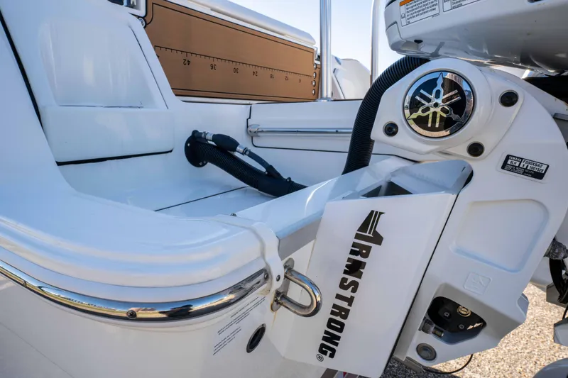 Slide: The Image of 2024 World Cat 260 CC-X boat engine detail with Armstrong bracket and Yamaha components. - 12