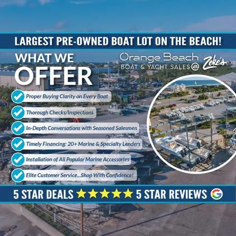 Slide: The Image of Largest pre-owned boat lot, Orange Beach Boat & Yacht Sales, offering inspections, financing, and accessories. - 8