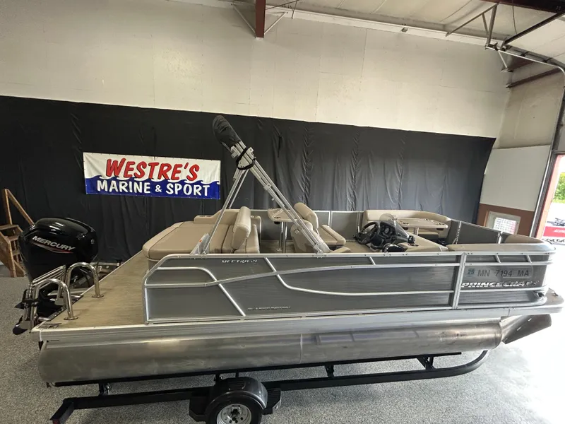 Slide: The Image of 2020 Princecraft Vectra 21 pontoon boat displayed at Westre's Marine & Sport showroom. - 1
