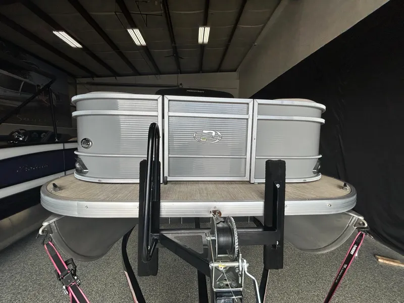 Slide: The Image of 2020 Princecraft Vectra 21 pontoon boat in a showroom, front view. - 5