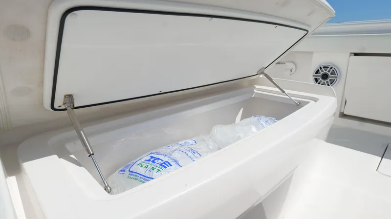 Slide: The Image of Open storage compartment on 2020 Invincible 37 Catamaran with ice bags inside. - 33