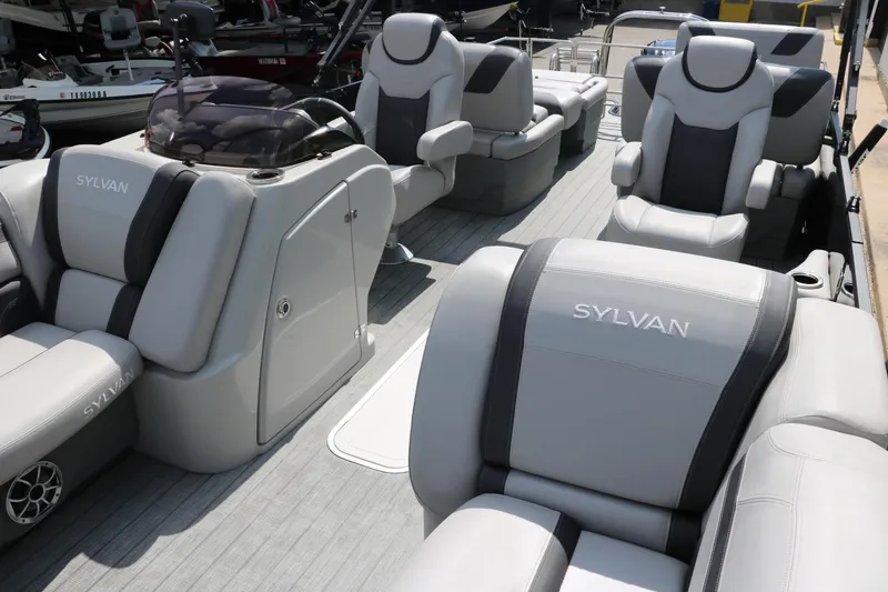 Slide: The Image of 2022 Sylvan L3 RLZ pontoon boat interior with luxurious seating and modern design. - 15