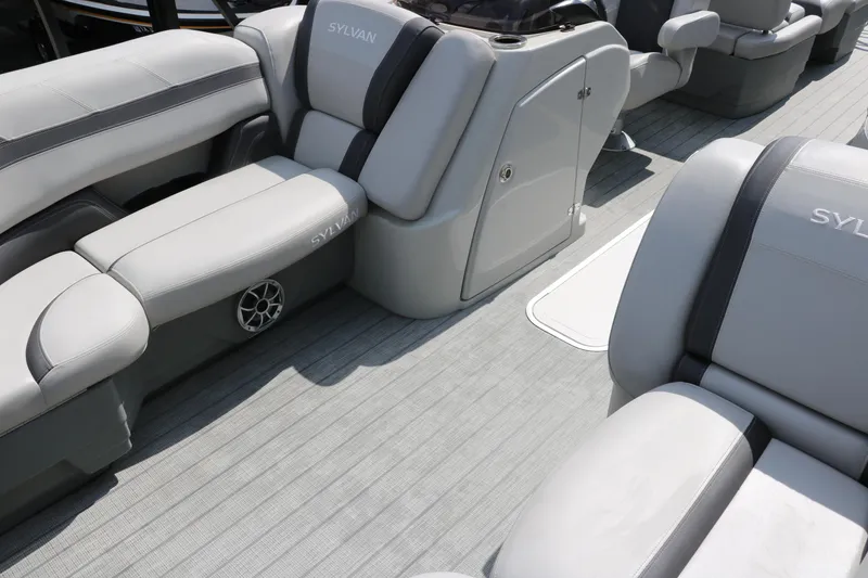 Slide: The Image of 2022 Sylvan L3 RLZ boat interior with gray seating and modern design. - 16