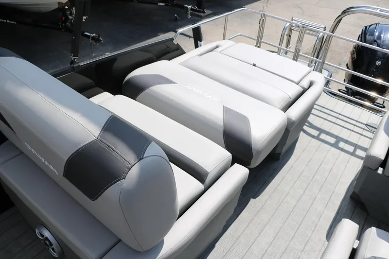 Slide: The Image of 2022 Sylvan L3 RLZ boat interior with luxurious gray seating and sleek design. - 19