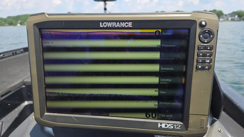 Slide: The Image of Lowrance HDS12 fishfinder on 2017 Skeeter ZX 250 boat, displaying sonar settings. - 19