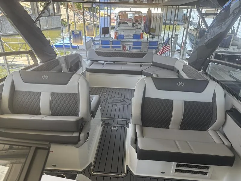 Slide: The Image of Luxurious interior of a 2026 Cobalt R35 boat with elegant seating and modern design. - 7