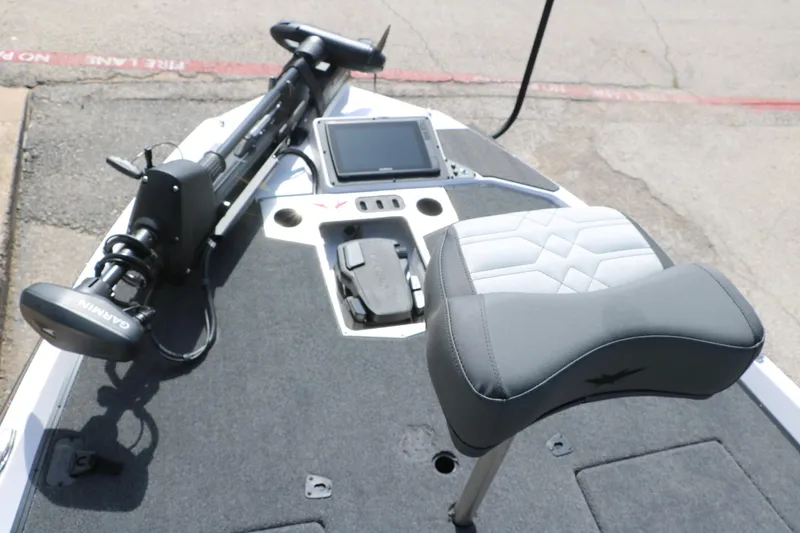 Slide: The Image of 2025 Vexus VXS 21 boat deck with Garmin trolling motor and cushioned seat. - 16