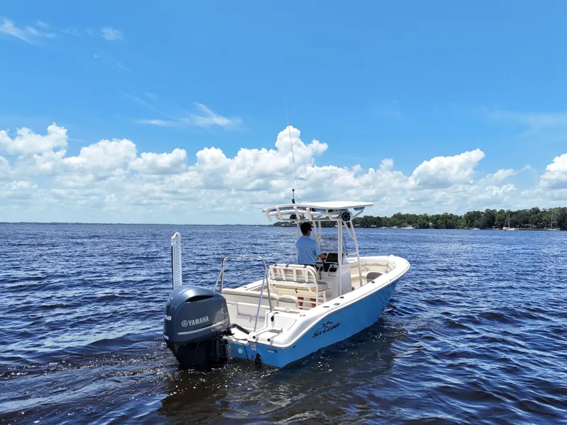Slide: The Image of 2021 Carolina Skiff Sea Chaser 22 HFC boat on water under clear blue sky. - 10