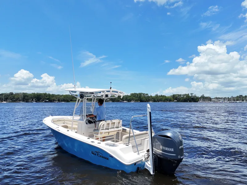 Slide: The Image of 2021 Carolina Skiff Sea Chaser 22 HFC boat on water under cloudy sky. - 16