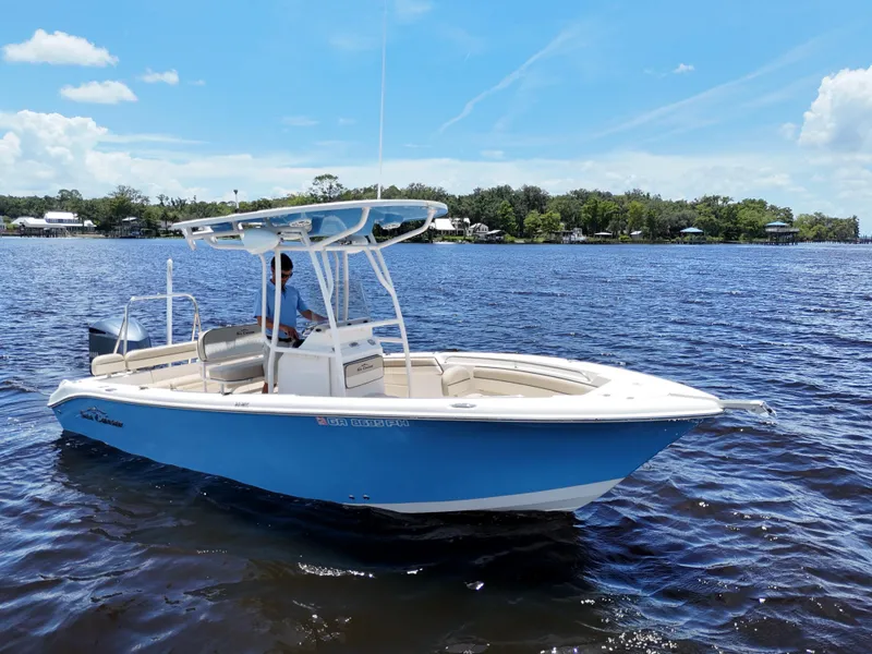 Slide: The Image of 2021 Carolina Skiff Sea Chaser 22 HFC boat on a sunny lake. - 7
