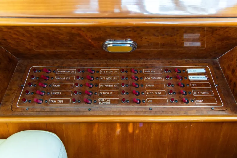 Slide: The Image of Control panel of a 2002 Dyna 50 yacht with labeled switches and buttons. - 31