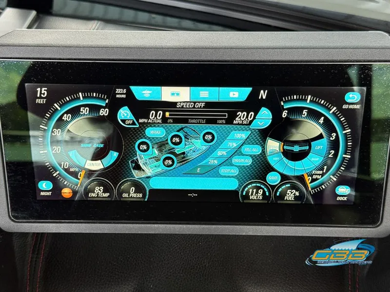 Slide: The Image of Dashboard display of a 2019 Malibu M235 boat showing speed, engine temperature, and fuel levels. - 18