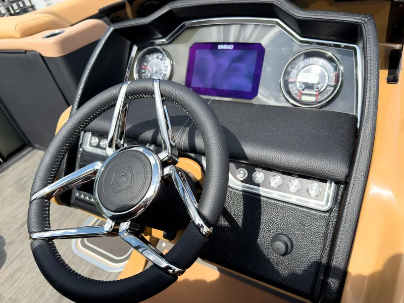 Slide: The Image of Luxurious seating on 2026 Godfrey AquaPatio 23' Flip Lounge Tritoon with green LED cup holders. - 19