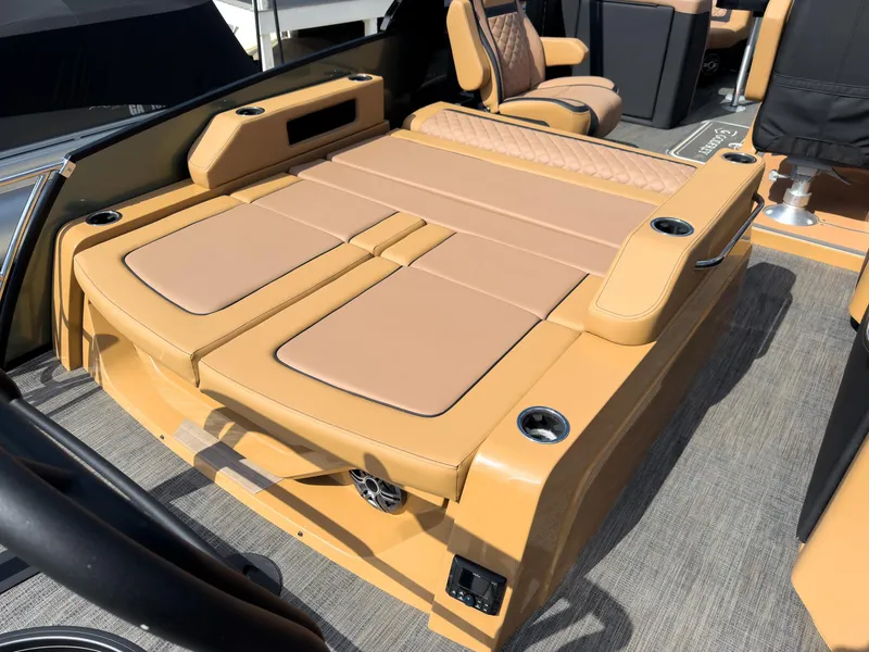 Slide: The Image of 2026 Godfrey AquaPatio 23' Flip Lounge Tritoon with luxurious seating and sleek design. - 40