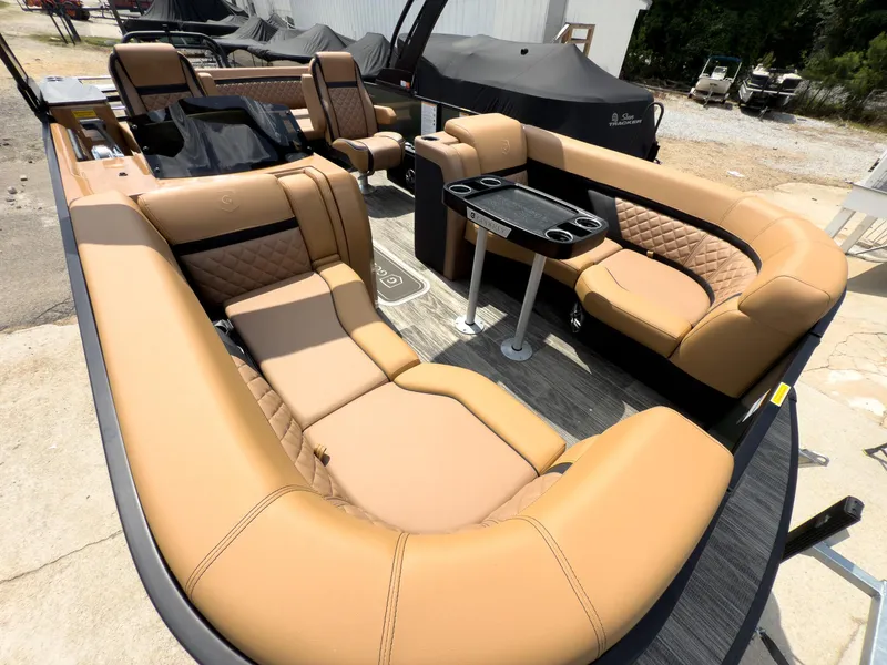 Slide: The Image of Luxurious seating on 2026 Godfrey AquaPatio 23' Flip Lounge Tritoon boat, featuring elegant design. - 5
