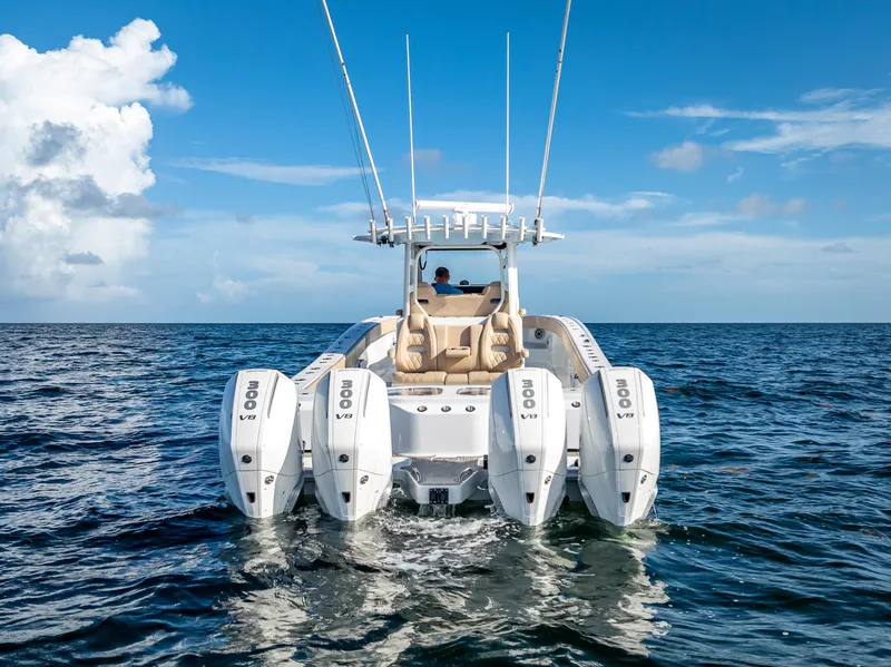 Slide: The Image of 2025 Freeman 35 boat with quad 300 V8 engines on open sea. - 14