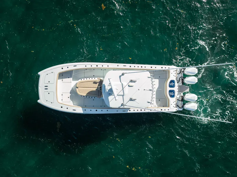 Slide: The Image of Aerial view of 2025 Freeman 35 boat on clear ocean water. - 16