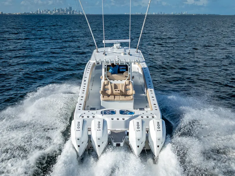 Slide: The Image of Freeman 35 boat cruising on ocean, city skyline in background, 2025 model. - 9