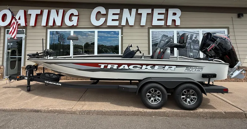 The Image of 2025 Tracker Savage 215 boat on trailer outside Boating Center. - 0