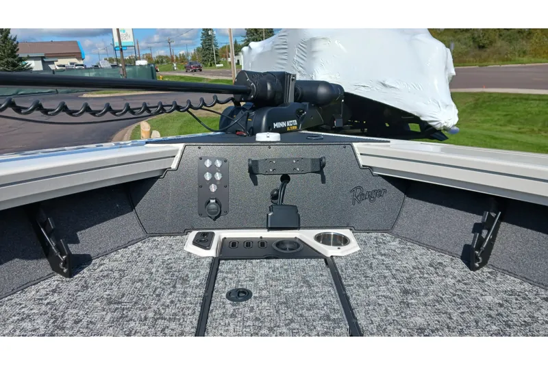 Slide: The Image of 2025 Ranger VX1988 WT boat interior with Minn Kota trolling motor and control panel. - 3