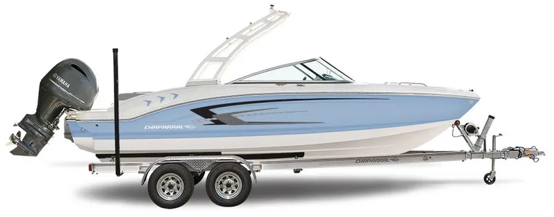 The Image of 2025 Chaparral 21 SSi Outboard boat on trailer, side view, blue and white design. - 0