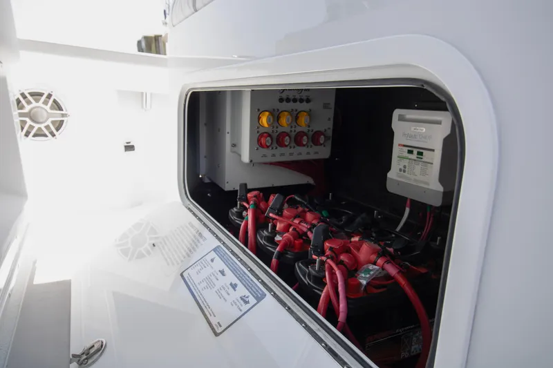 Slide: The Image of Electrical panel and battery compartment of 2026 Yellowfin 42 Offshore boat. - 33