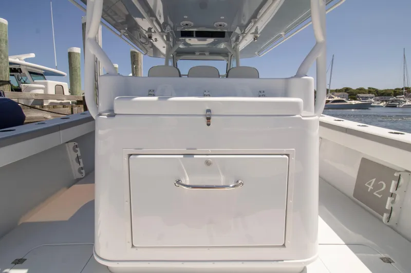 Slide: The Image of 2026 Yellowfin 42 Offshore boat interior with sleek design and spacious seating. - 42