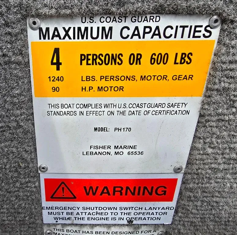 Slide: The Image of 2007 Fisher Pro Hawk 170 capacity plate, U.S. Coast Guard compliance, warning label. - 15