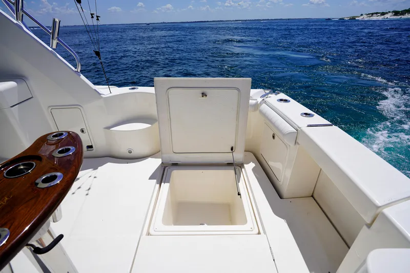 Slide: The Image of 2007 Riviera 42 Flybridge yacht deck with open hatch, ocean view. - 21