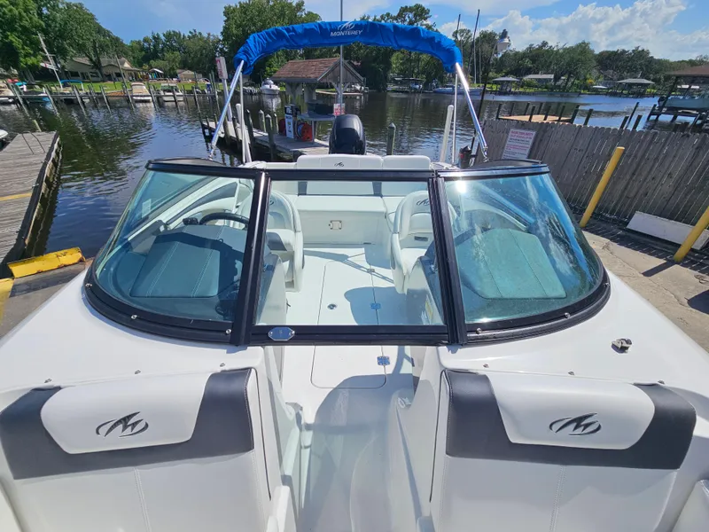 Slide: The Image of 2017 Monterey 217 Outboard boat docked at a marina under a clear blue sky. - 32