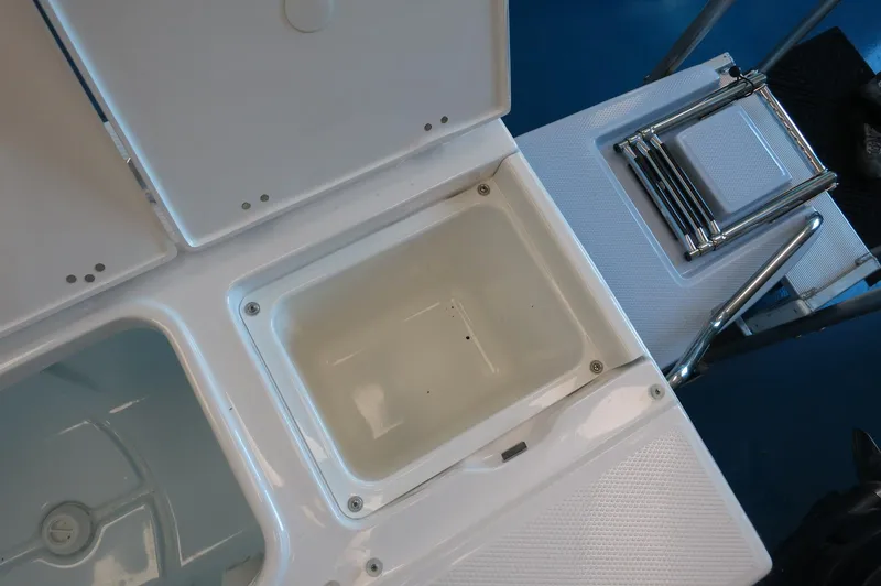 Slide: The Image of 2025 Robalo 226 Cayman boat storage compartments and ladder detail. - 28
