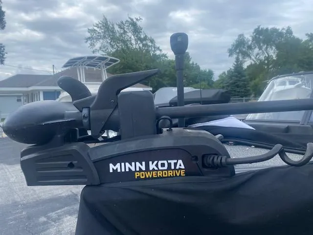 Slide: The Image of Minn Kota PowerDrive motor on Starweld Fusion Pro 18 DC boat, 2019 model, outdoors. - 4