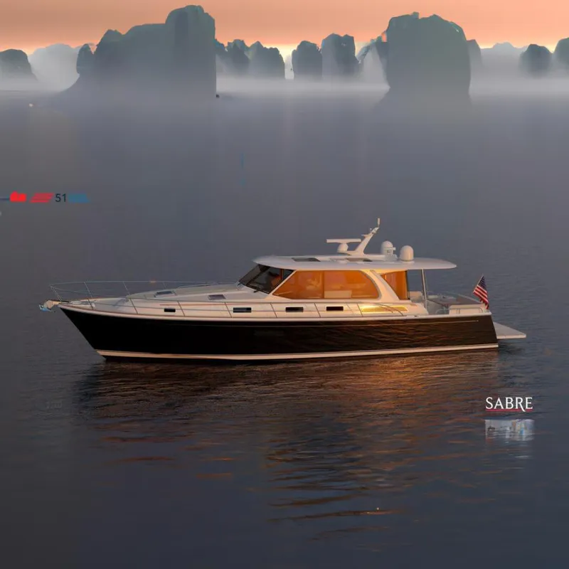 The Image of 2026 Sabre 51 Salon Express yacht cruising on a serene waterway, lush greenery in the background. - 0