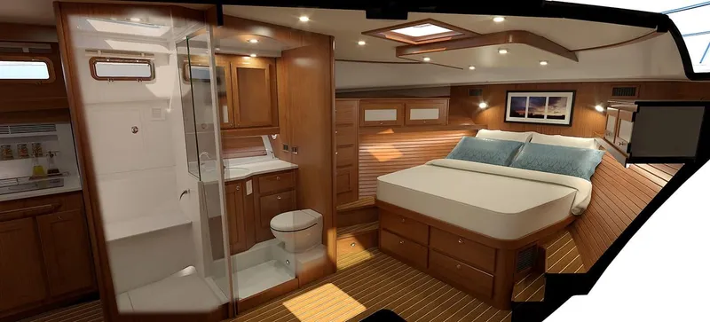 Slide: The Image of Luxurious 2026 Sabre 51 Salon Express yacht bedroom with wooden interior and cozy bedding. - 13