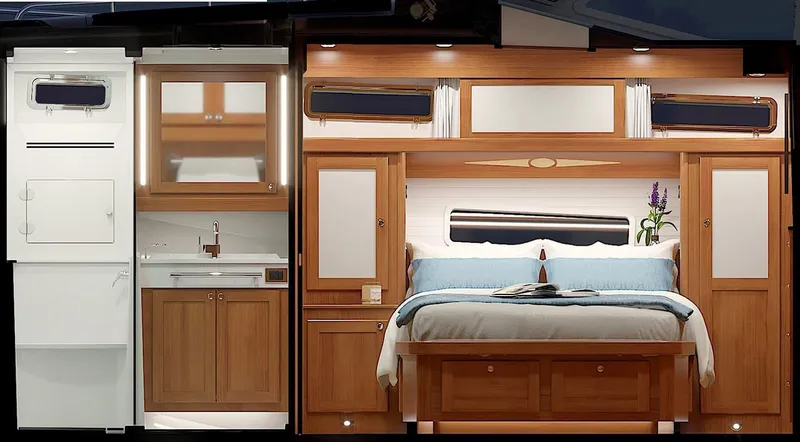 Slide: The Image of Luxurious 2026 Sabre 51 Salon Express yacht bedroom with elegant wood finishes and cozy bedding. - 14