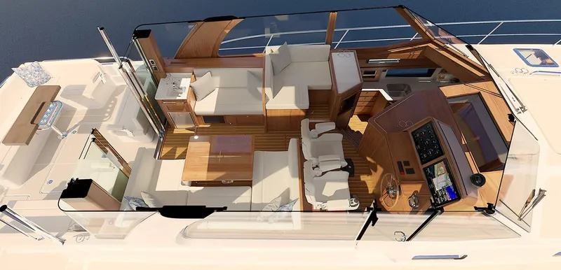 Slide: The Image of Interior of 2026 Sabre 51 Salon Express yacht, featuring a compact kitchenette with sink and storage. - 5