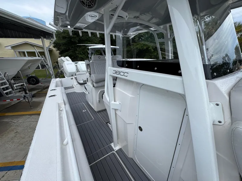 Slide: The Image of 2022 Fountain 38 CC boat interior with sleek seating and modern design. - 25