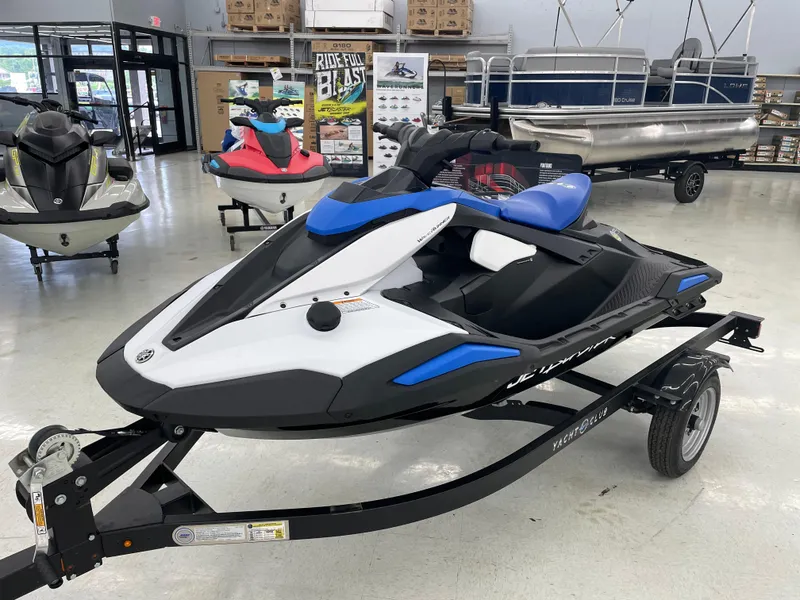 Slide: The Image of 2025 Yamaha WaveRunner JetBlaster on display in a showroom. - 1