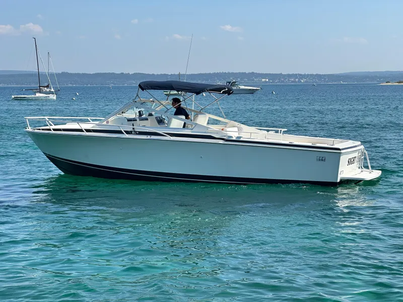 The Image of 1988 Bertram 28 Moppie boat cruising on clear blue water. - 0
