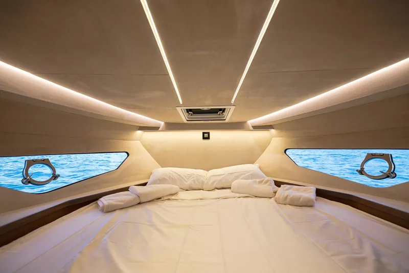 Slide: The Image of Luxurious cabin interior of 2025 Focus 3X yacht with ocean view windows. - 36