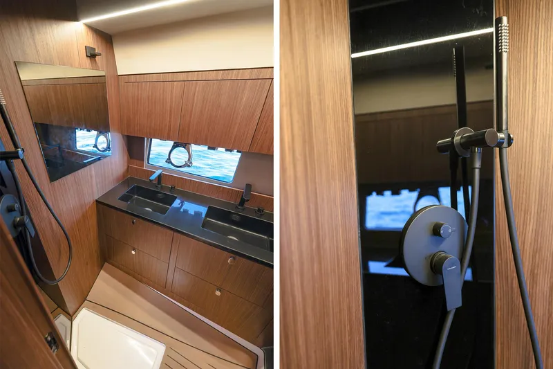 Slide: The Image of Luxurious bathroom interior of 2025 Focus 3X yacht with modern fixtures and wood paneling. - 42