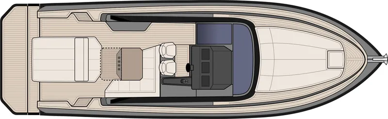 Slide: The Image of Top view of 2025 Focus 3X boat layout, featuring seating and control area. - 43