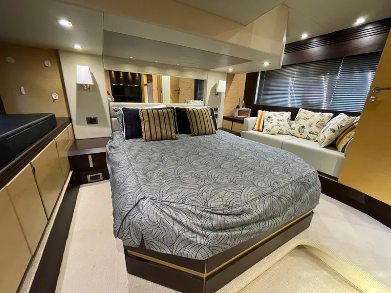 Slide: The Image of Luxurious bedroom interior of 2015 Sunseeker San Remo 48 yacht with elegant bedding and decor. - 35