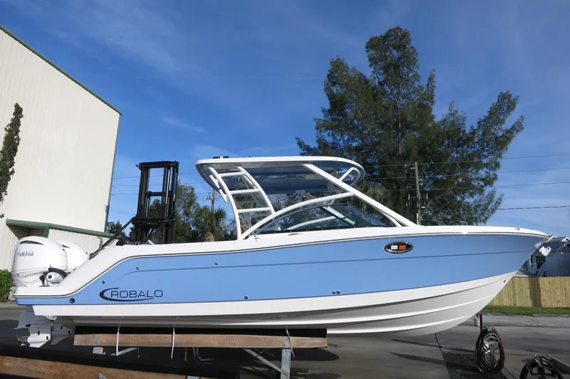 The Image of 2025 Robalo R317 Dual Console boat in light blue, displayed outdoors. - 1