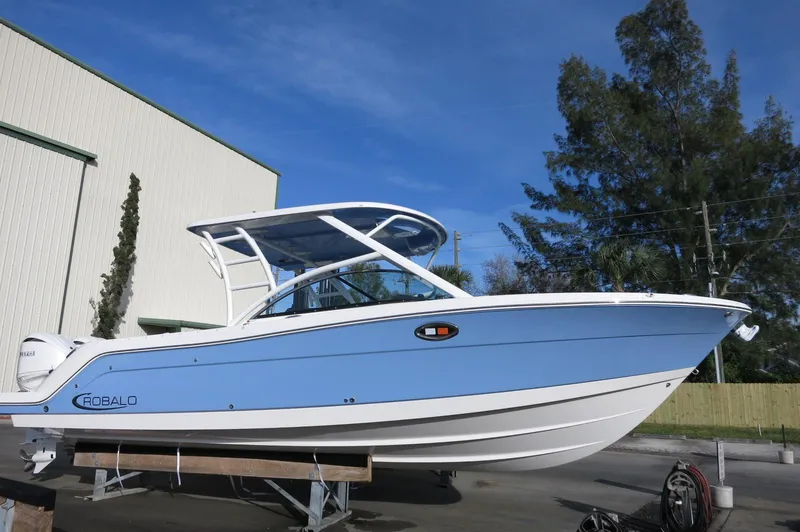 Slide: The Image of 2025 Robalo R317 Dual Console boat in light blue, displayed outdoors. - 2