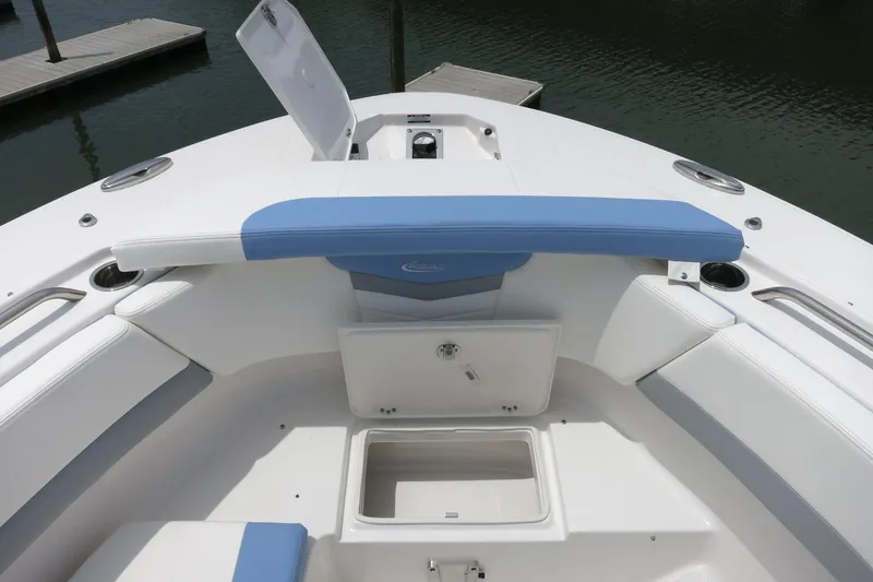 Slide: The Image of 2025 Robalo R317 Dual Console boat interior with blue and white seating, open storage compartment. - 23
