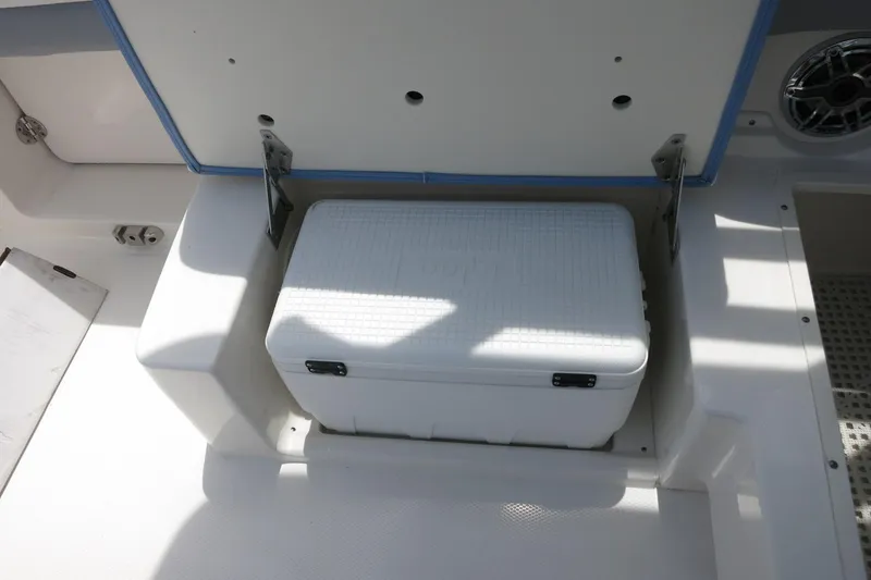 Slide: The Image of 2025 Robalo R317 Dual Console boat with built-in storage compartment and cooler. - 32